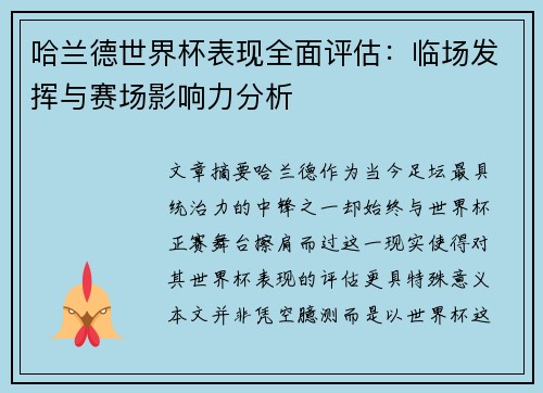 哈兰德世界杯表现全面评估：临场发挥与赛场影响力分析